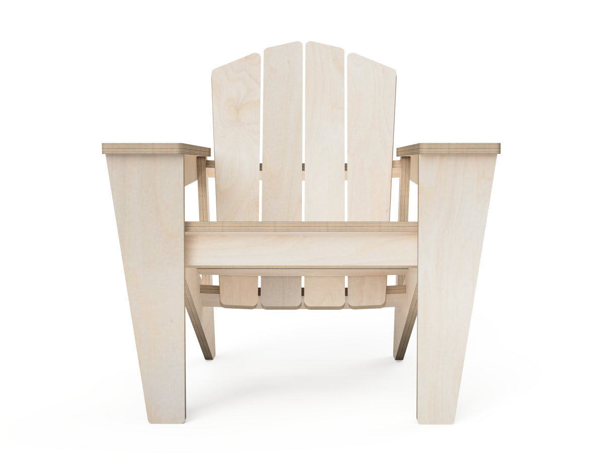 Front view of the assembled plywood kids Adirondack chair with wide armrests