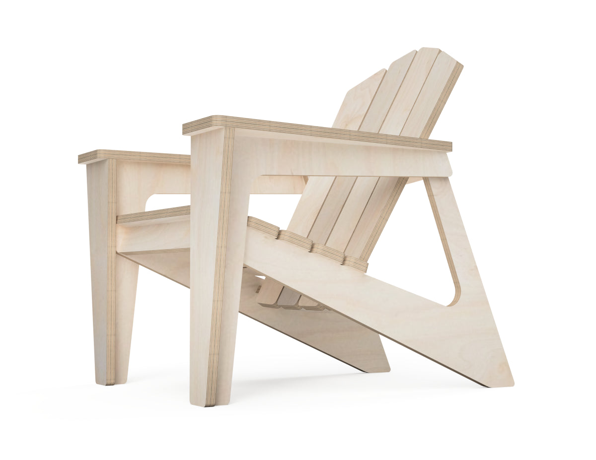 3D render of a kids Adirondack chair made from CNC-cut plywood, placed on a grassy lawn