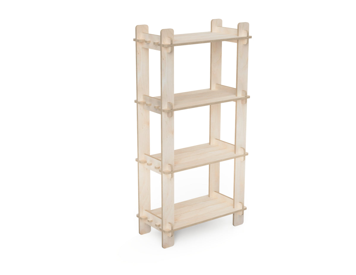 Japandi-style flat-pack shelf design cut on CNC from downloadable DXF plans