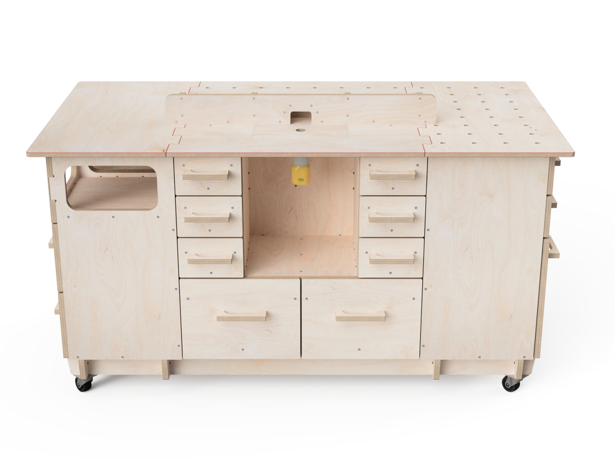 Modular workbench router table attachment with CNC-cut drawers - Modular CNC workbench