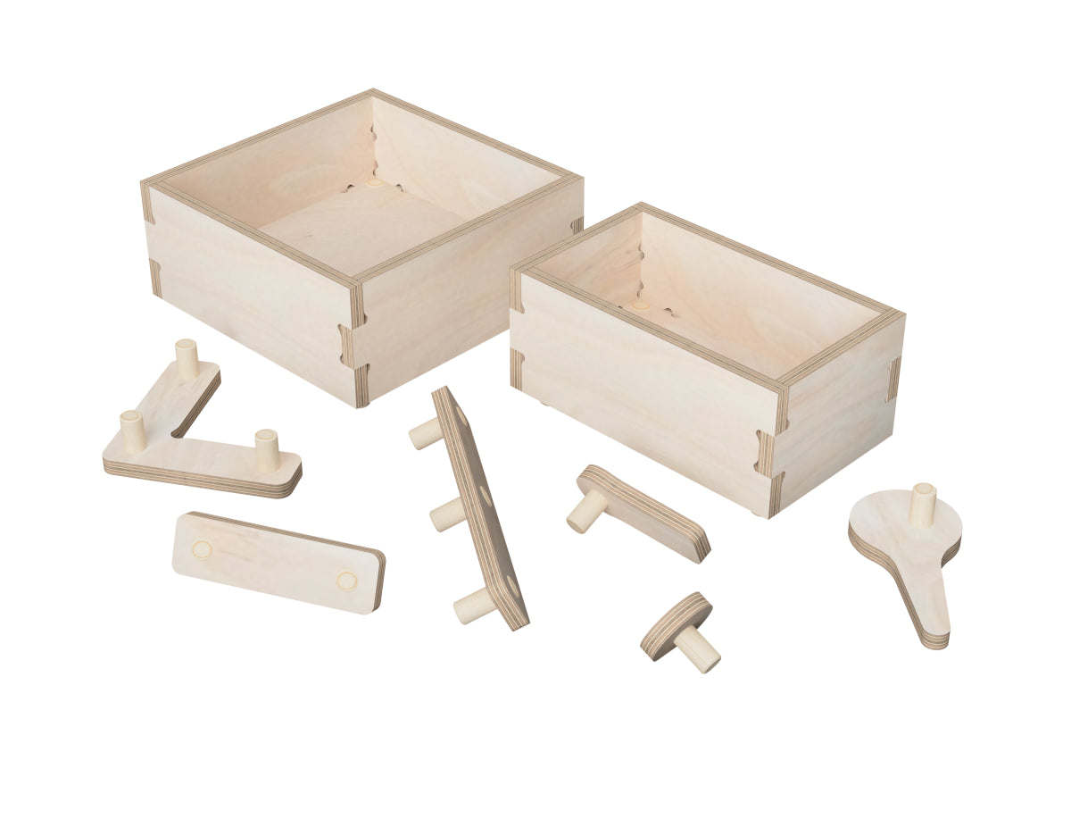 CNC-cut wooden doghole stoppers and clamps on a workbench