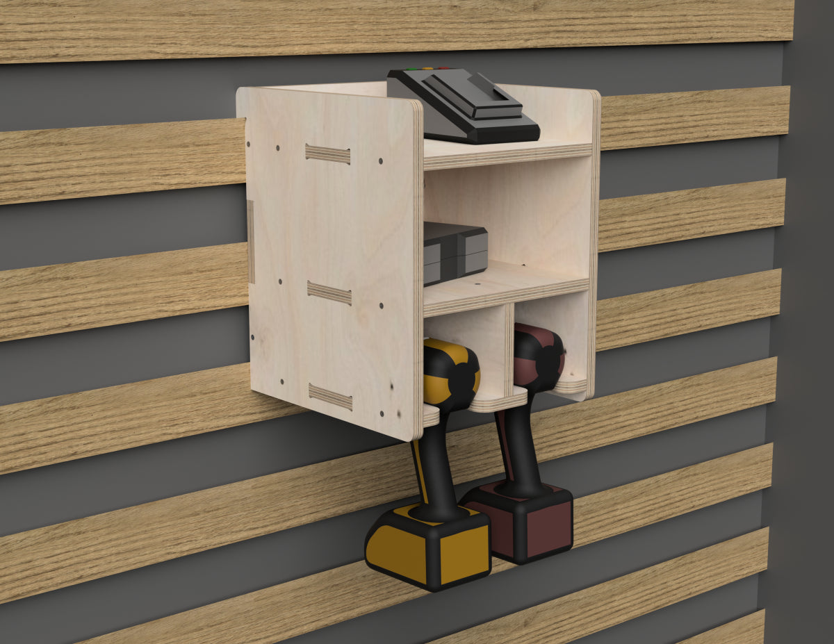 Double Shelf Drill Stand - French Cleat Attachment - DXF file rendered from angled view for CNC cutting