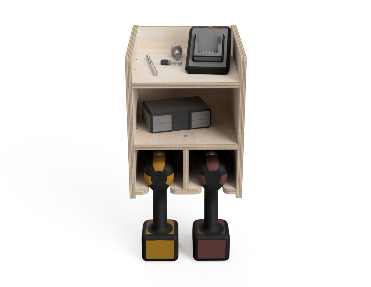 Rendered view of double shelf drill stand - french cleat attachment - layout from DXF file