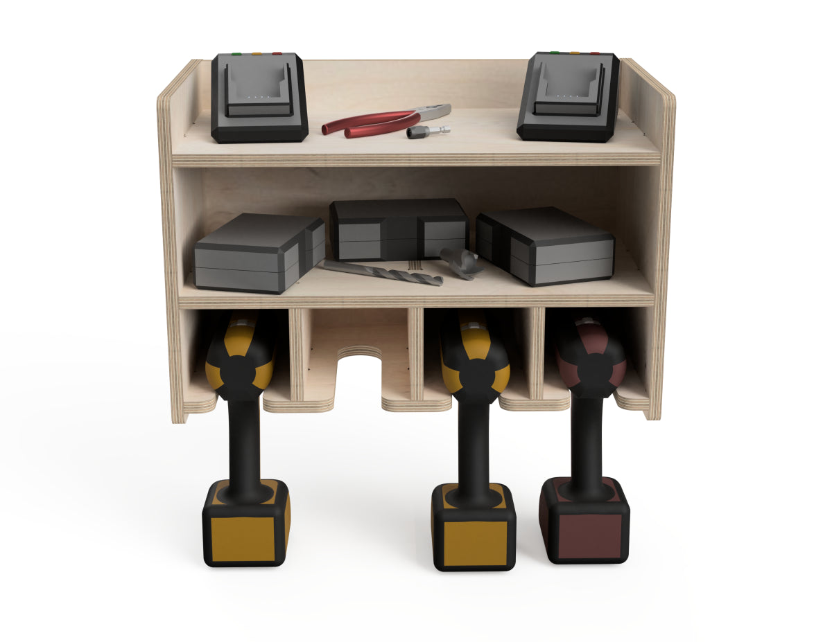 Rendered view of double shelf drill stand - french cleat attachment - layout from DXF file