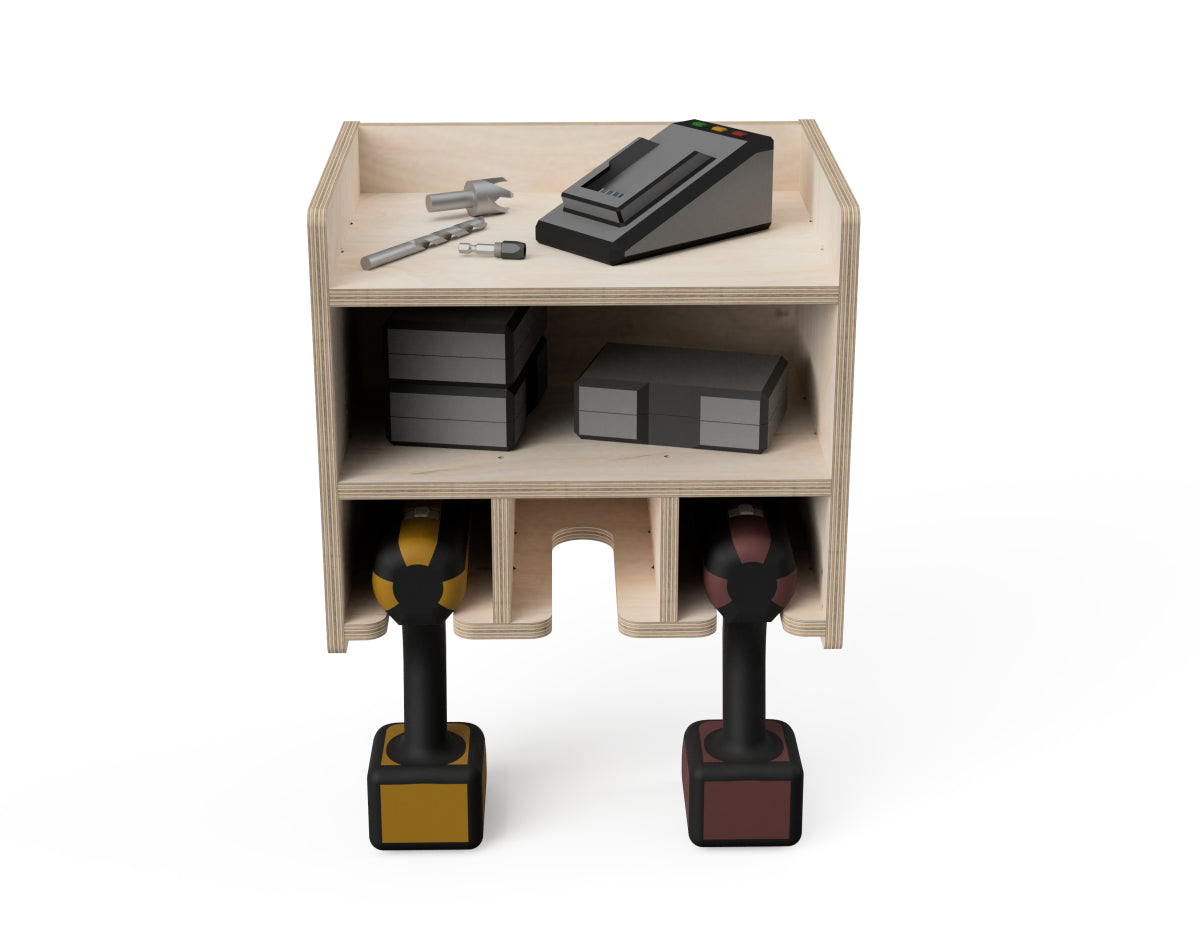 Rendered view of double shelf drill stand - french cleat attachment - layout from DXF file