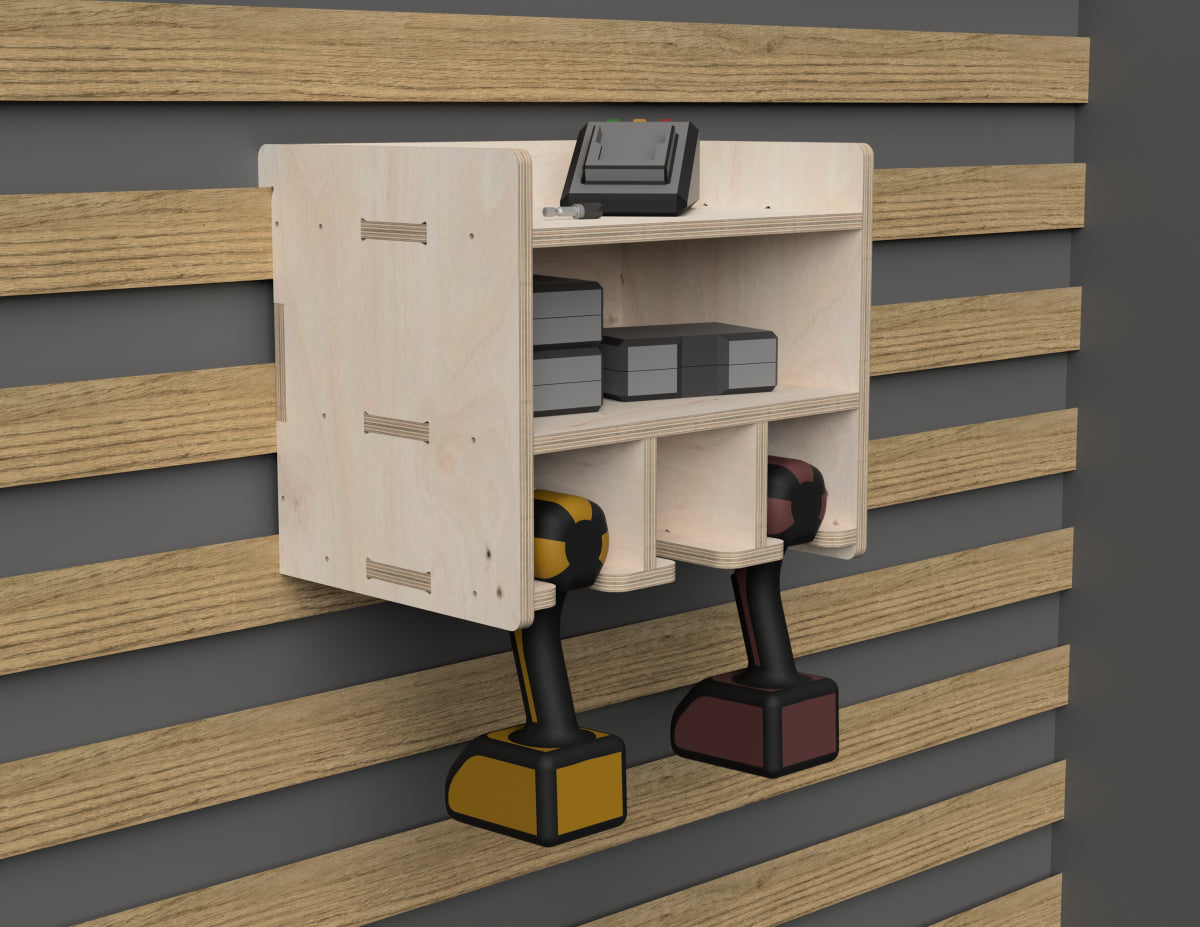 Double Shelf Drill Stand - French Cleat Attachment - DXF file rendered from angled view for CNC cutting