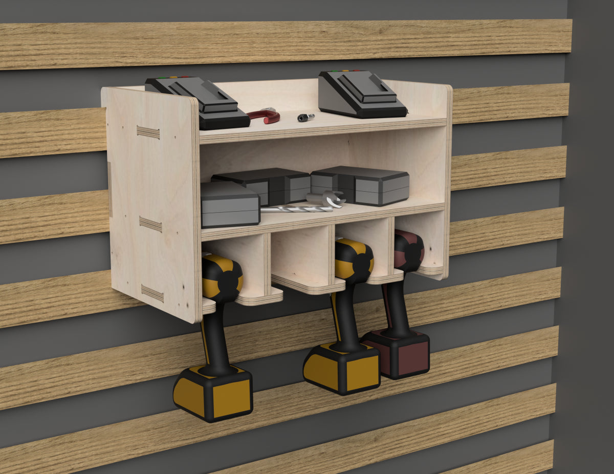 Detailed DXF drawing of double shelf drill stand - french cleat attachment - for CNC router