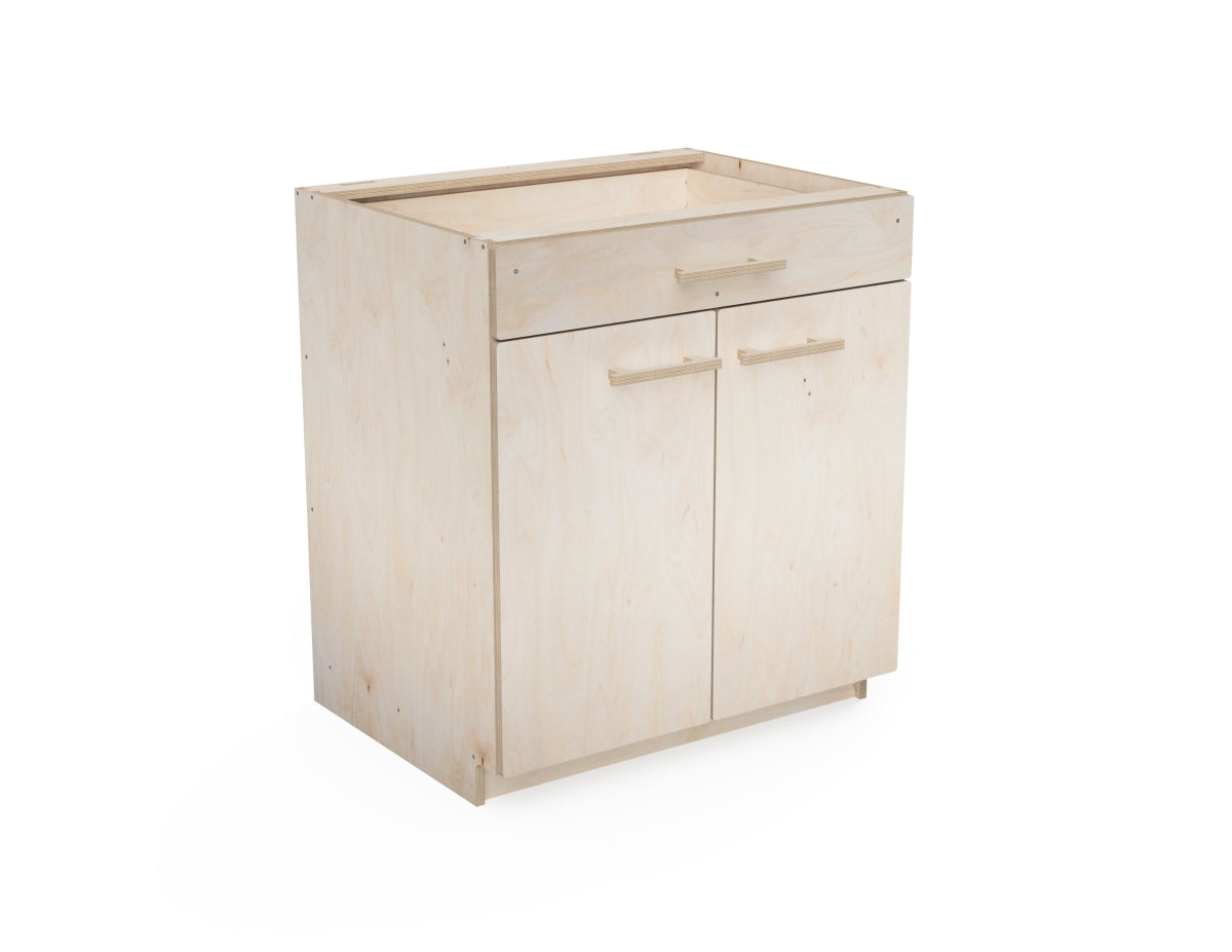Rendered image of CNC-cut double workshop cabinet with one drawer – downloadable DXF files for woodworking and garage storage projects