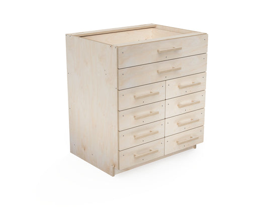 Rendered image of a CNC-cut double workshop drawer cabinet with one large drawer, made from plywood β DXF file project for DIY garage storage