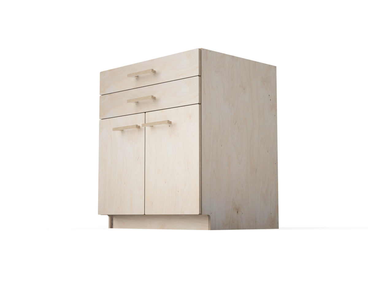 Digital render of CNC router-friendly double drawer cabinet – part of downloadable DXF file collection for workshop storage