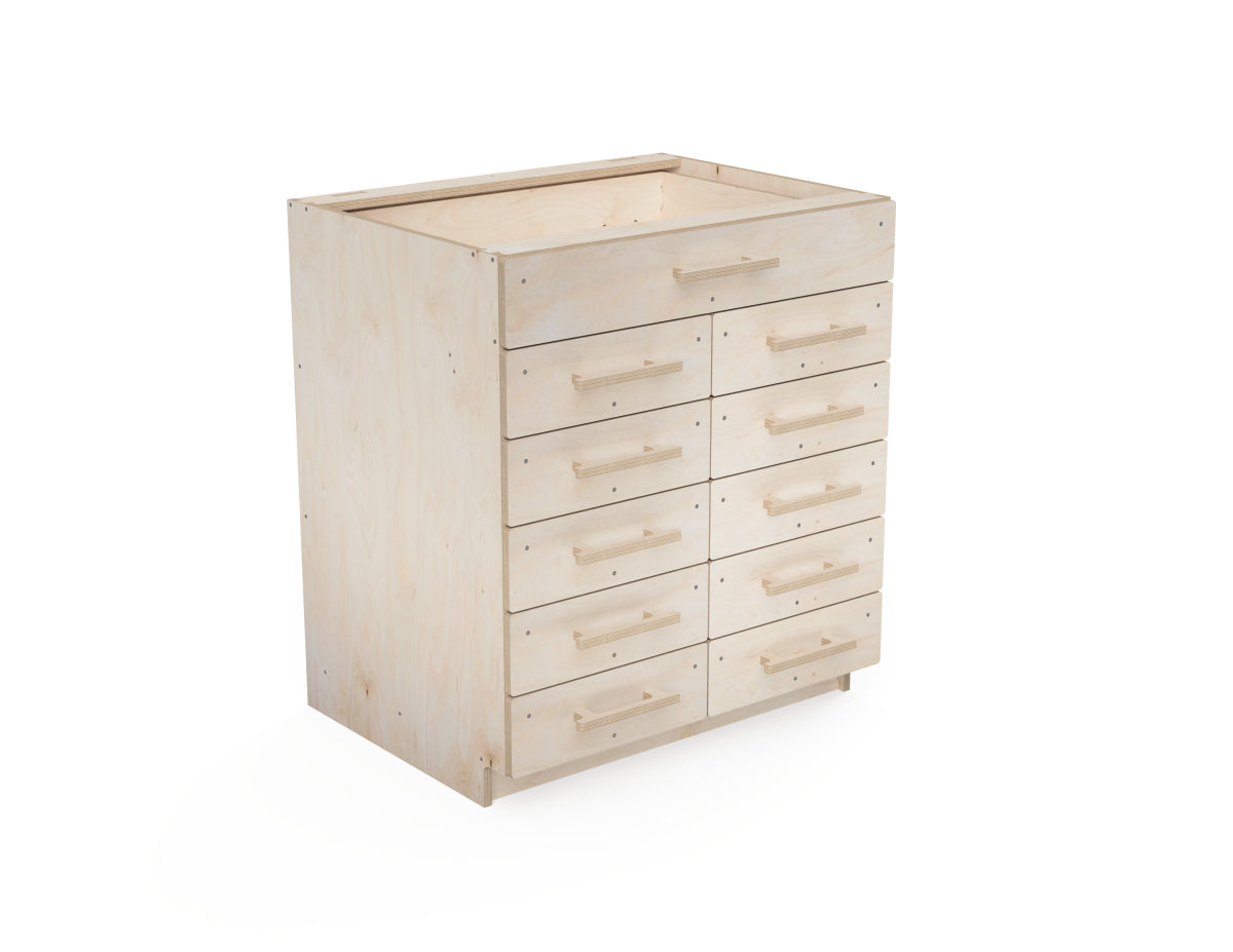 Rendered image of a CNC-cut double workshop drawer cabinet with one large drawer, made from plywood – DXF file project for DIY garage storage