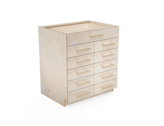 Rendered image of a CNC-cut double workshop drawer cabinet with one large drawer, made from plywood β DXF file project for DIY garage storage