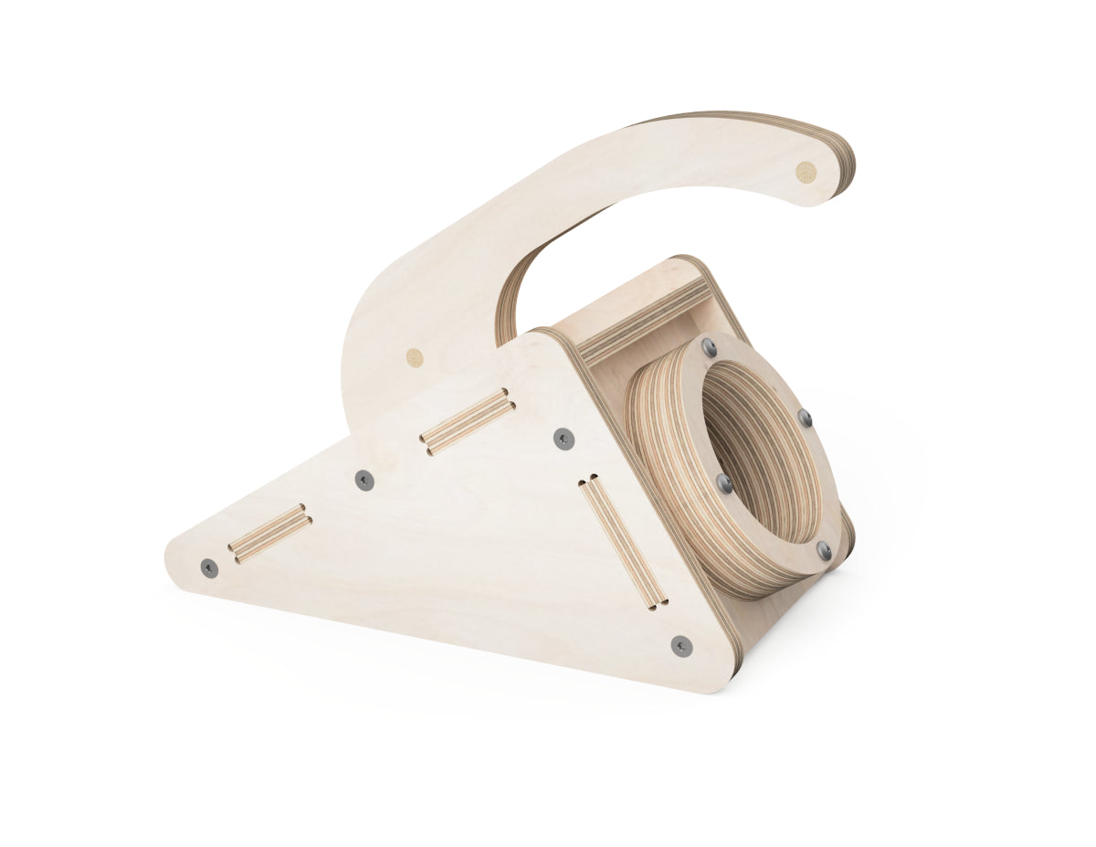 CNC-cut plywood dust collection hose handle with ergonomic grip design.