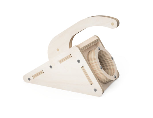 CNC-cut plywood dust collection hose handle with ergonomic grip design.
