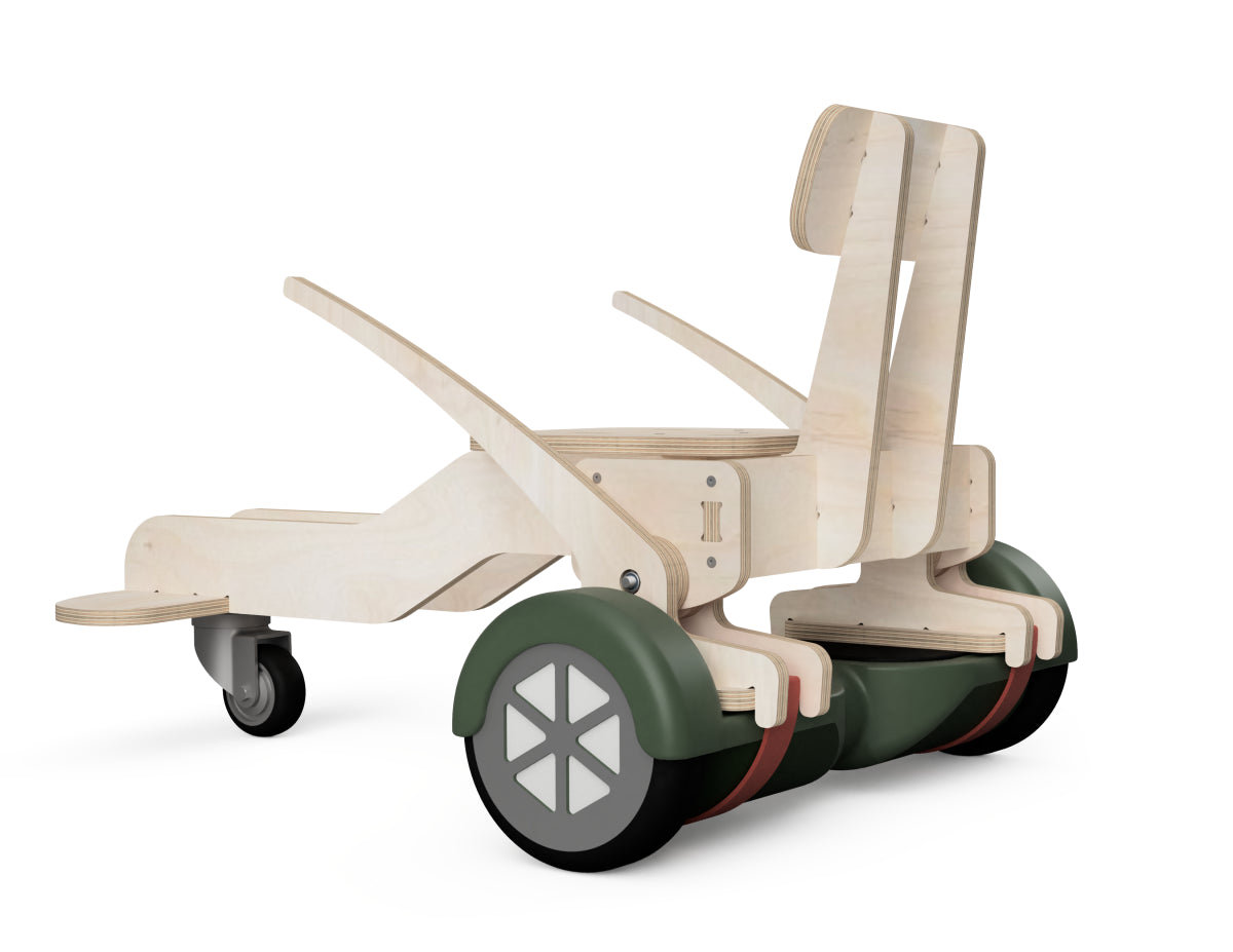 Hoverboard with wooden go-kart attachment assembled and ready to ride