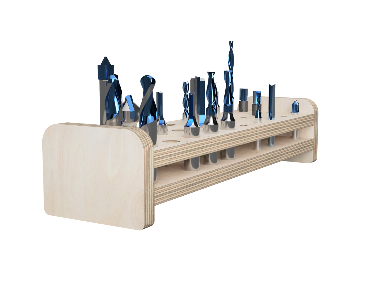 Medium Router Bit Storage DXF file rendered from angled view for CNC cutting