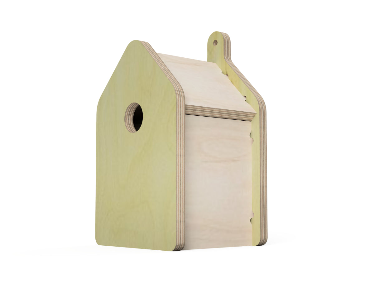 Modern Bird House DXF file rendered from angled view for CNC cutting
