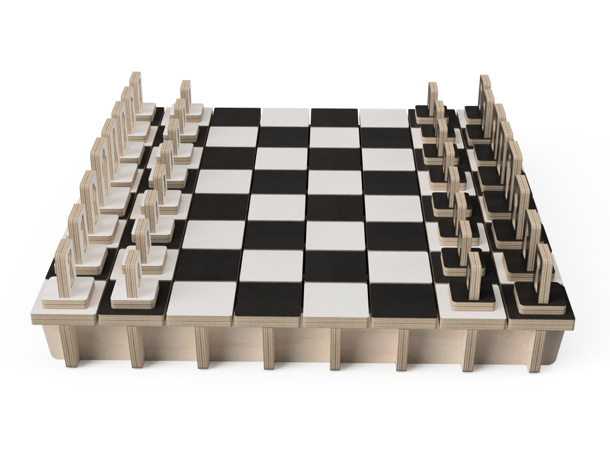 Premium Chess Set DXF file rendered from angled view for CNC cutting