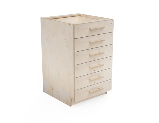 Rendered 3D view of 6-drawer workshop cabinet CNC design, showing detailed DXF files for woodworking projects