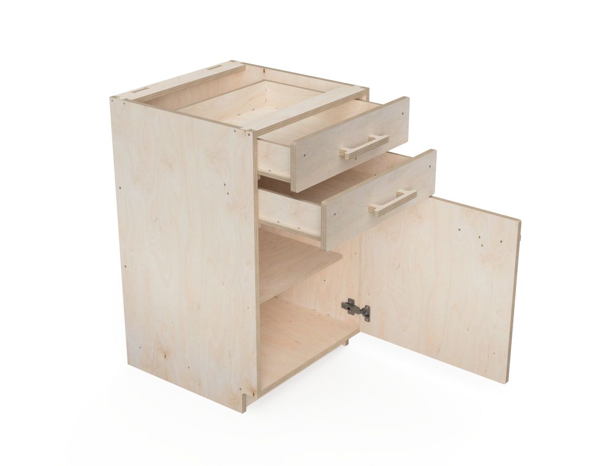 3D render of DIY workshop cabinet design with two drawers CNC cutting files download