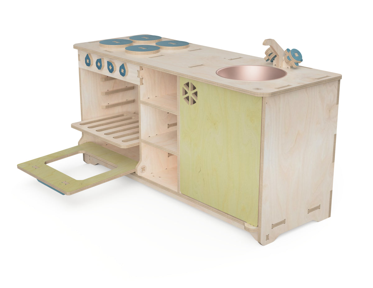Small Kids Kitchen Set DXF file rendered from angled view for CNC cutting