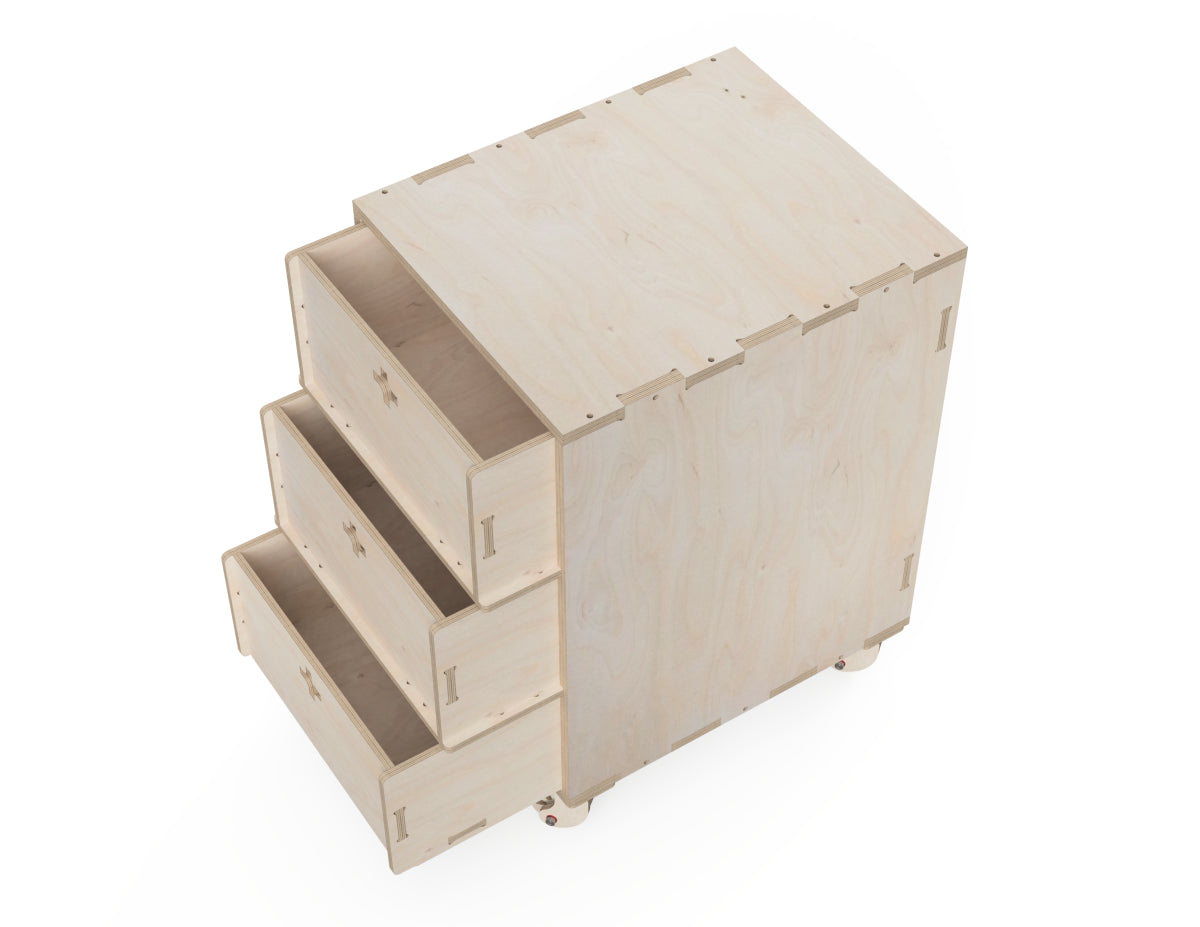Rendered view of three drawer cabinet for workshop layout from DXF file