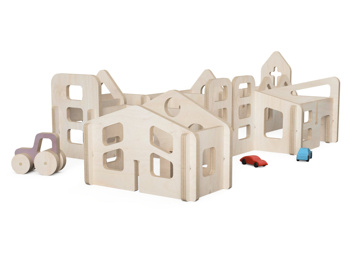 Toy City DXF file rendered from angled view for CNC cutting