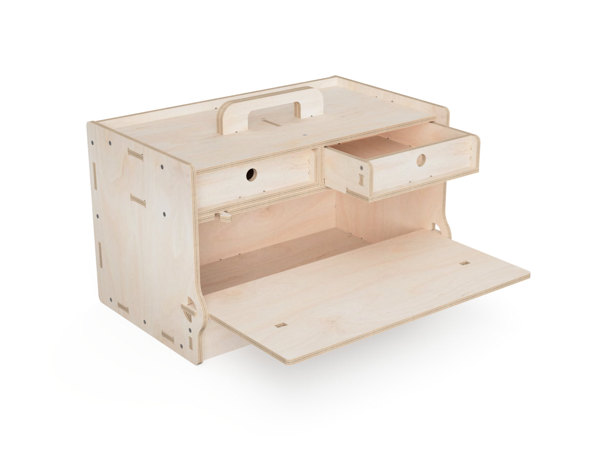 Render of plywood toolbox with drawers partially opened – CNC woodworking project