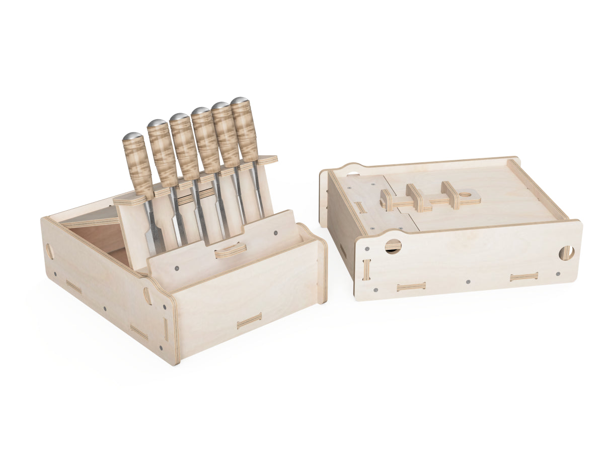 Assembled wooden chisel storage box made from DXF files with tilting tool holder