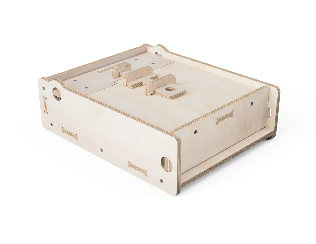 Closed CNC-made chisel case with interlocking plywood joints and smooth finish