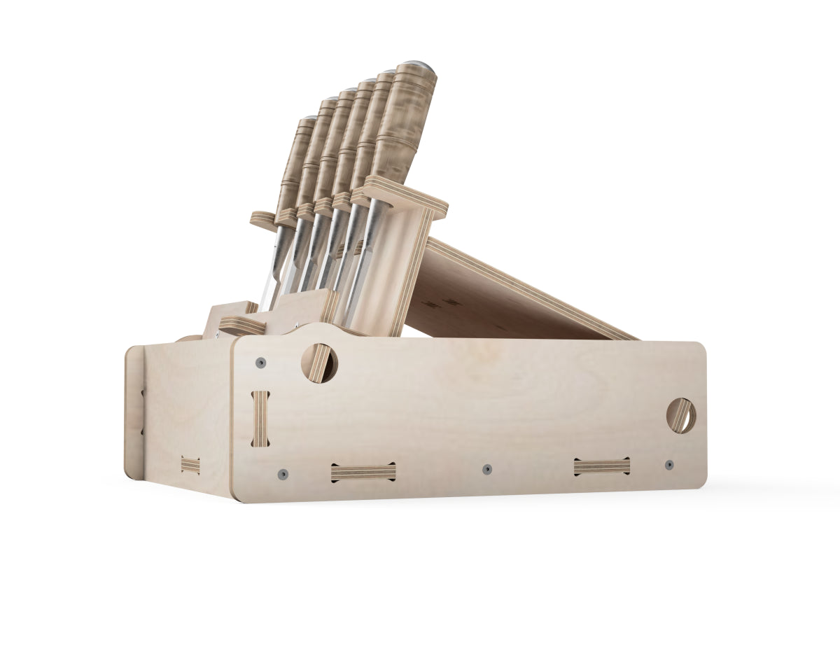 Side view of plywood chisel box showing clean CNC-cut joints and hardware-free design