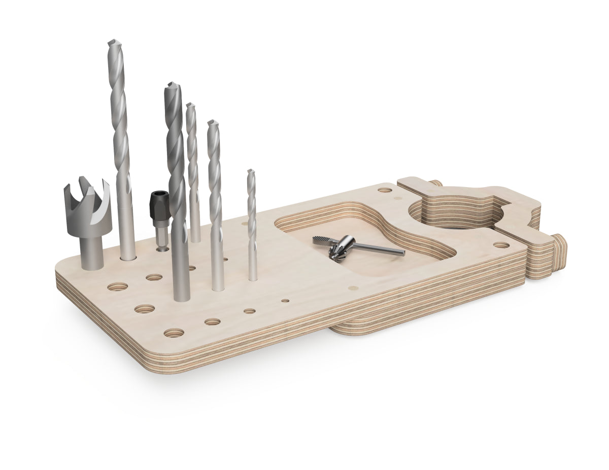 Plywood drill press accessory designed for organizing drill bits