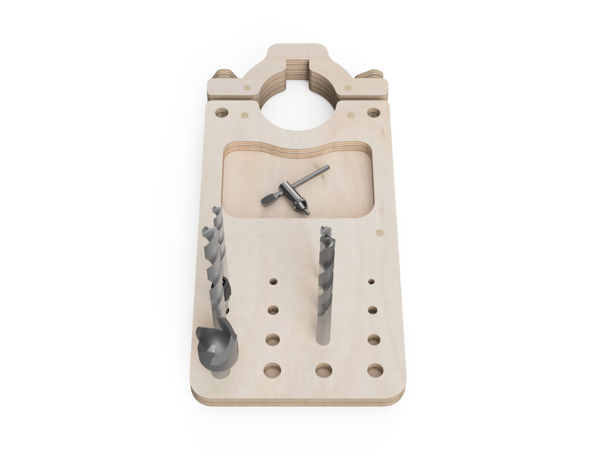 Plywood drill press accessory designed for organizing drill bits