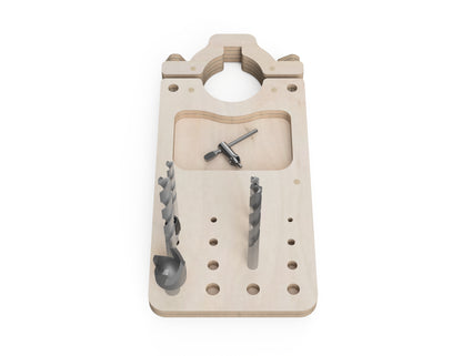 Plywood drill press accessory designed for organizing drill bits