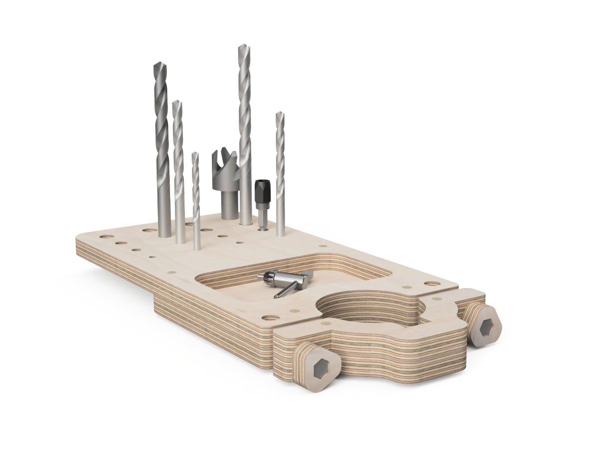 DIY drill press attachment made from CNC-cut plywood pieces