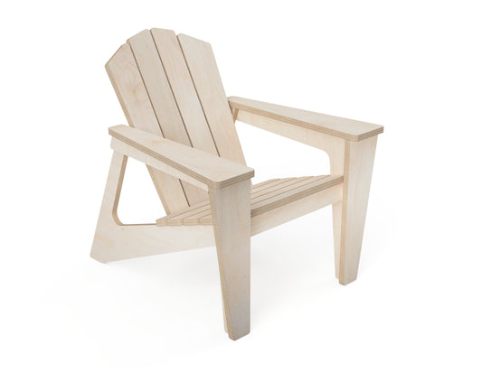 3D render of a kids Adirondack chair made from CNC-cut plywood, placed on a grassy lawn