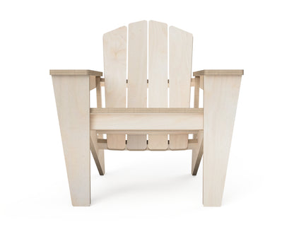 Front view of the assembled plywood kids Adirondack chair with wide armrests
