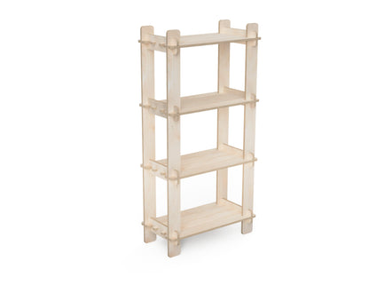 Japandi-style flat-pack shelf design cut on CNC from downloadable DXF plans