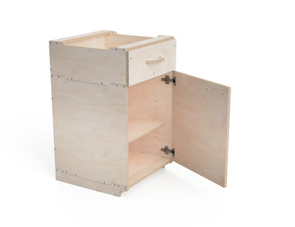 Close-up of built-in door on large modular workshop cabinet