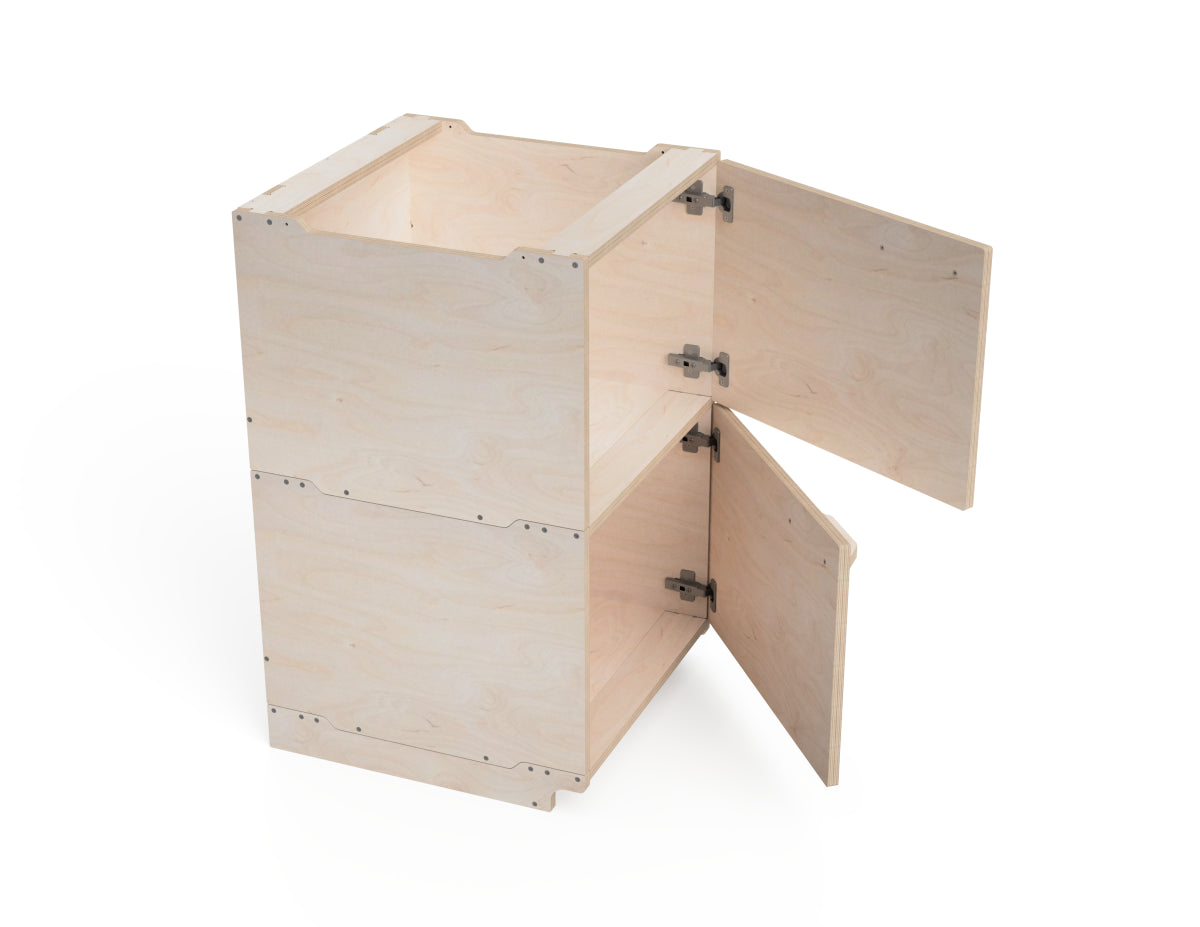 Workshop cabinet module with door open displaying storage space