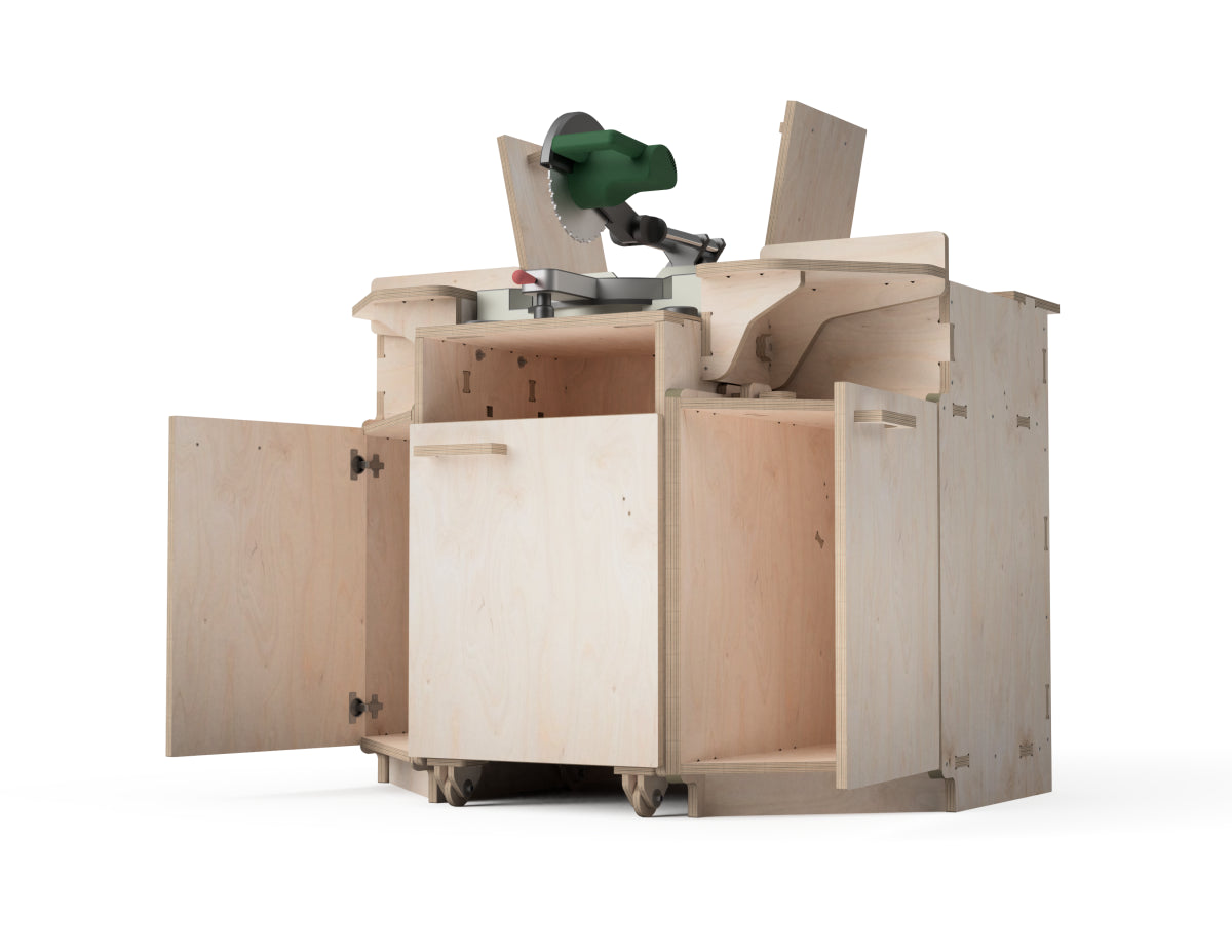 CNC miter saw station built from plywood with integrated workshop storage