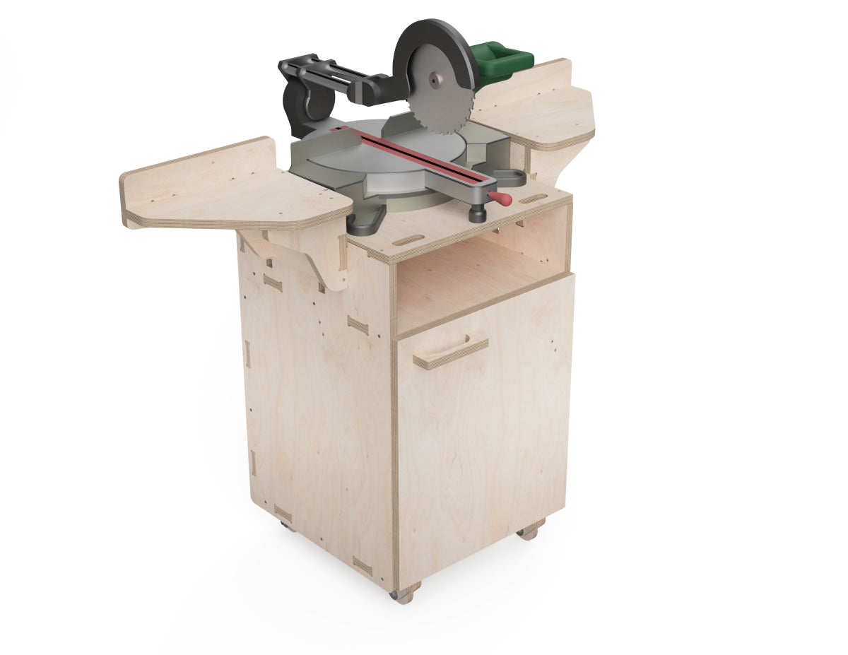 Mobile center cabinet with extension wings for miter saw station