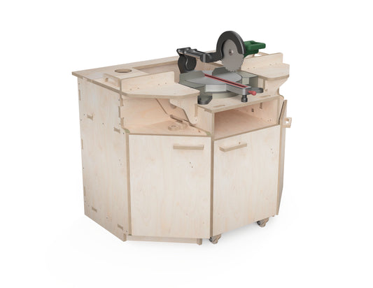 CNC miter saw station built from plywood with integrated workshop storage