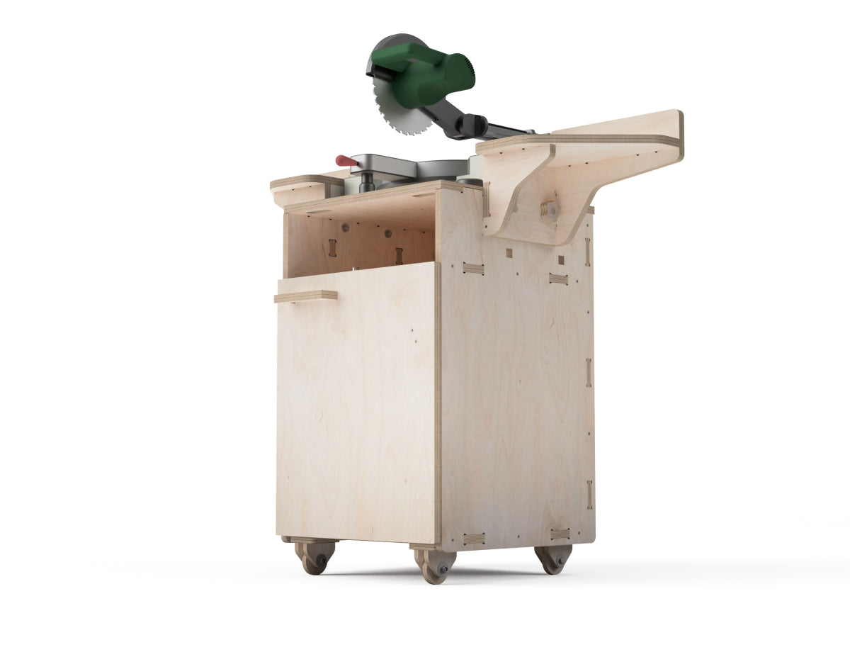 Mobile center cabinet with extension wings for miter saw station
