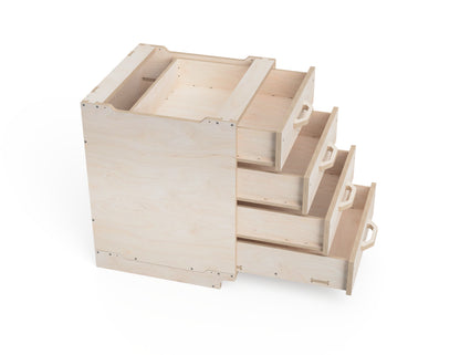 Side view of ¾-size CNC workshop cabinet with four drawers