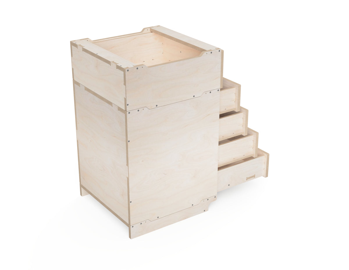 Render showing stackable feature of modular workshop cabinet