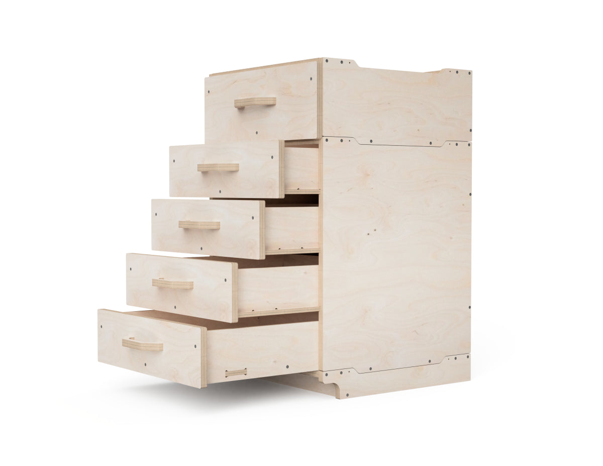 Front view of modular workshop cabinet emphasizing drawer design