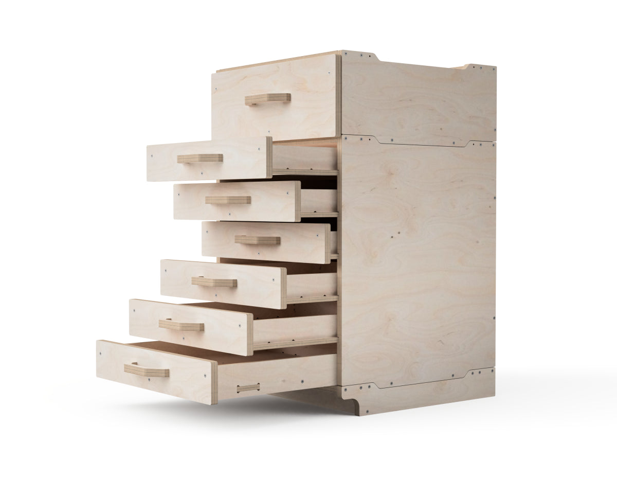 Render showing stackable modular cabinet sections