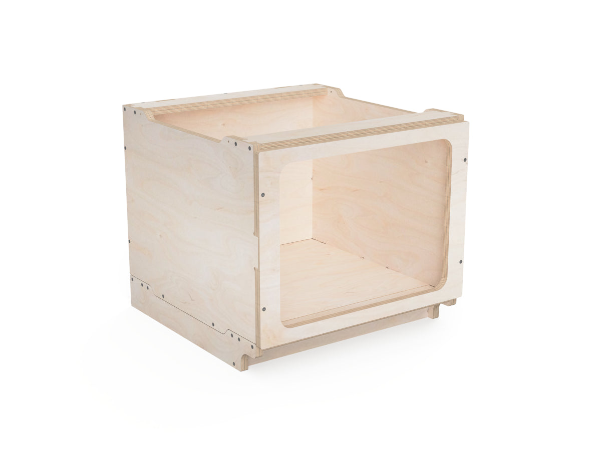 Front view of open shelf cabinet module with edge to prevent slipping.