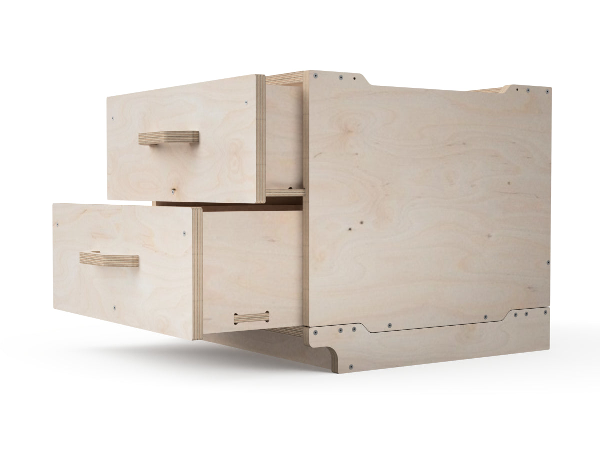 Cabinet module with drawers open, showing storage space